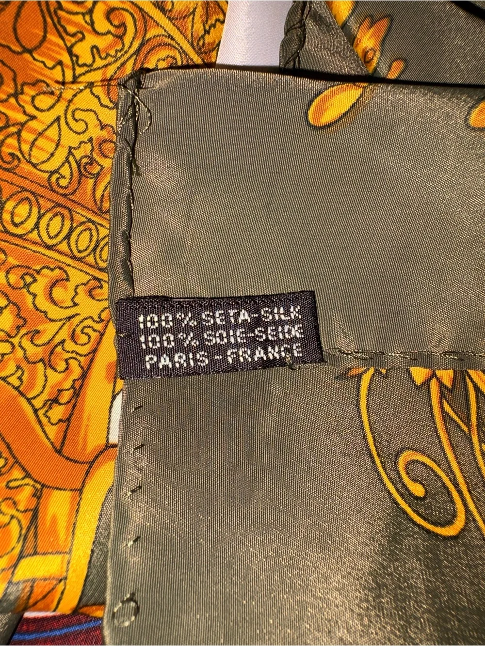 Hermes Olive Green, Gold & Blue Musical Instrument Silk Scarf